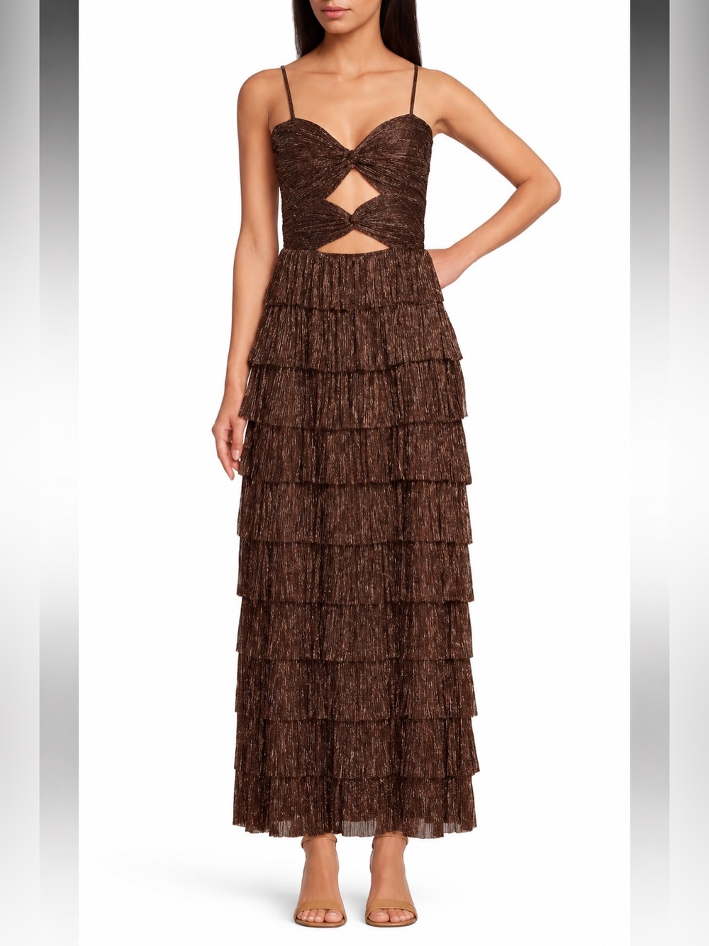 Gianni Bini Metallic Brown Tiered Ruffle Cutout Formal Gown Size 10 NWT Party